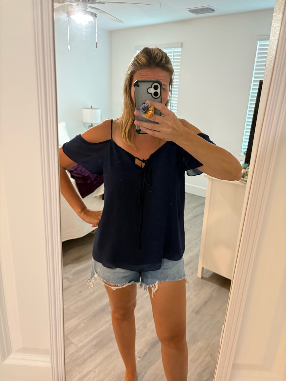 Naked Zebra Navy Cold-Shoulder Tie-Front Top